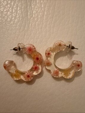 Resin Floral Hoop Earrings - Pink and Yellow Flower Inlay